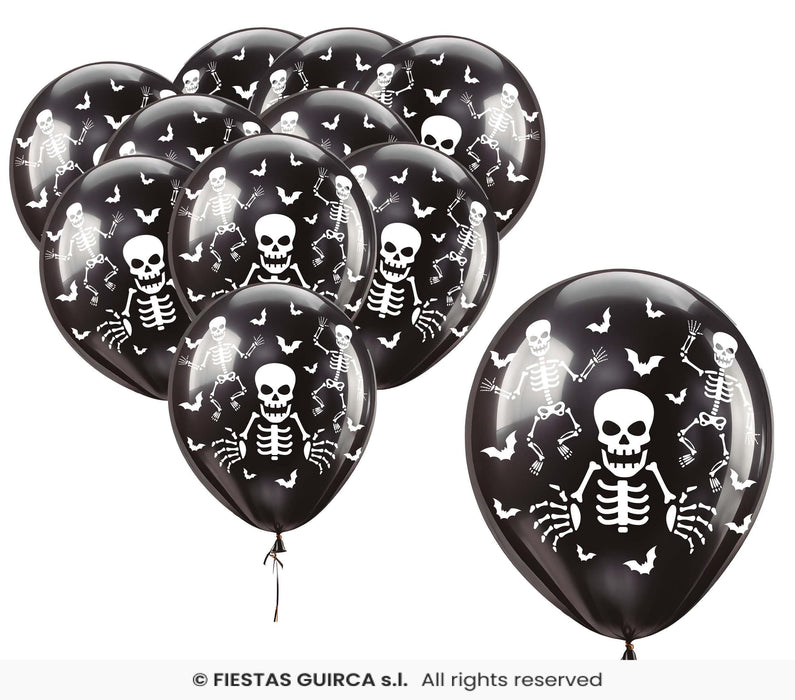 10 PALLONCINI NERI SCHELETRO HALLOWEEN